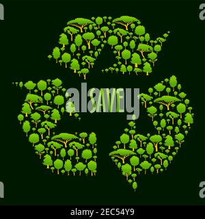 Recycling symbol silhouette made up of green trees and plants with caption Save in the center. Ecological concept, recycle sign for bin or eco friendl Stock Vector