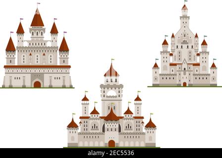 Medieval royal castle or fort, palace or stronghold with towers and archs, gates and flags on spires. Cartoon flat style buildings isolated on white f Stock Vector