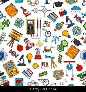 Sketched seamless pattern of laboratory equipments for physical, chemical and biological experiments, scientists, microscopes, books, DNA helices, nuc Stock Vector