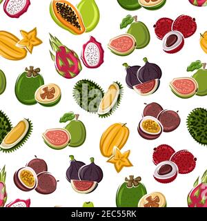 Exotic dessert fruits background with star fruits, papaya, lychee, passion fruits, violet figs, dragon fruits, guavas and durian fruits seamless patte Stock Vector