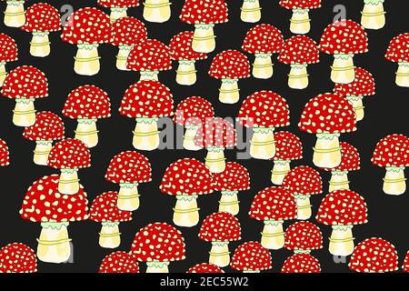 Abstract Fly Agaric Seamless Pattern, Illustration on Black Background Stock Vector