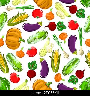 Seamless pattern background of ripe pumpkins, tomatoes and eggplants, sweet corn cobs, beetroots and cabbages, onions and zucchini vegetables. Use as Stock Vector
