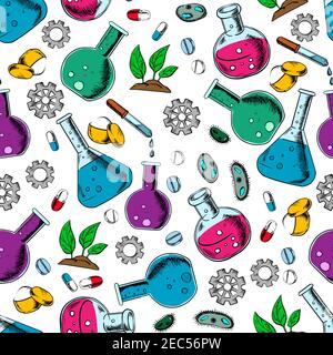 Seamless pattern of laboratory flask, pill, chemical powder, bacteria cell, green plant and gear for medical, pharmaceutical and botanical research. S Stock Vector