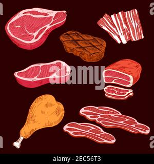 Sketch of sliced crude or raw meat products and ham or leg of pork, steak and sliced bacon, gamon or hind quarter. Concept of fat and high calorie foo Stock Vector