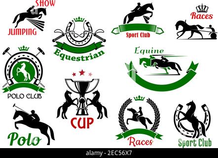 Equestrian or horse racing sport icons. Banners and badges of horse and rider silhouettes jumping over fence or barrier, whips under crown and rearing Stock Vector