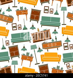 Living room soft and cabinet furnitures pattern with seamless background of orange and green couches, wooden chests of drawers with vases, vintage flo Stock Vector