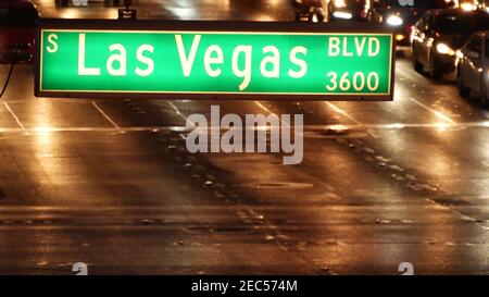 Fabulos Las Vegas, traffic sign glowing on The Strip in sin city of USA. Iconic signboard on the road to Fremont street in Nevada. Illuminated symbol Stock Photo