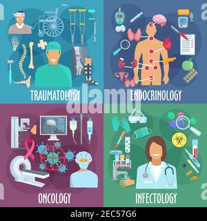 Traumatology, endocrinology, oncology and infectiology icons with doctor, diagnostic equipment, laboratory research, medicines and treatment, rehabili Stock Vector