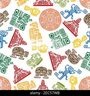 Seamless background with mayan and aztec ornaments for ethnic decoration design with colorful pattern of eagles, snakes and suns, warriors and pyramid Stock Vector