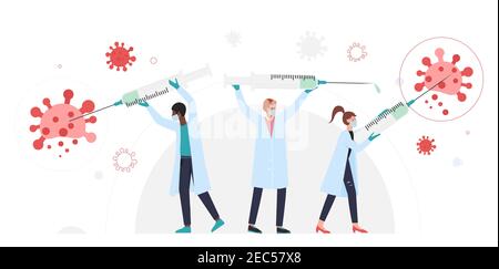 People with syringes fight coronavirus, vaccination concept vector illustration. Cartoon doctor team characters holding big medical vaccine syringes, fighting corona virus cells isolated on white Stock Vector