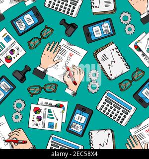Business icons seamless pattern of sketched notebook with financial graph, pie chart and diagram, calculator, tablet computer and checklist on blue ba Stock Vector