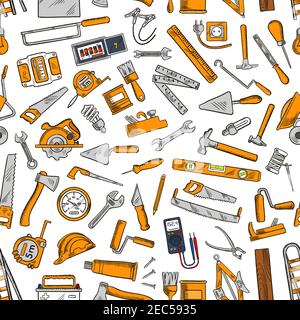 Building tool and equipment seamless pattern of hammer, trowel, spanner, saw, paintbrush, axe, wheelbarrow, jack plane, rasp, hard hat, light bulb, ta Stock Vector