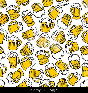 Beer beverages retro cartoon pattern with seamless background of mugs and tankards full of light beer, lager and ale drinks. Use as pub or brewery pro Stock Vector