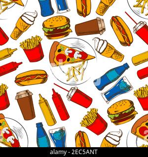 Fast food lunch background with seamless pattern of cheeseburger, hot dog, pizza, bottle and takeaway cup of soda, french fries, coffee cup, ice cream Stock Vector