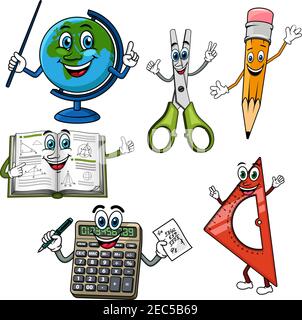 Cartoon book giving thumb up, globe with pointer, calculator with pen, scissors, pencil and ruler waving hands. Friendly smiling school supplies chara Stock Vector
