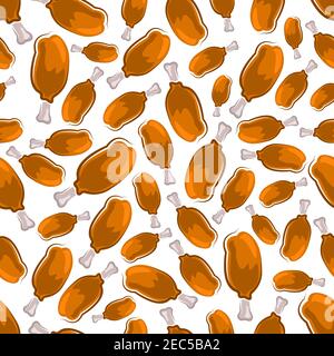 Seamless pattern of appetizing fast food fried chicken legs coated in a batter with spices over white background. Takeaway fast food packaging design Stock Vector