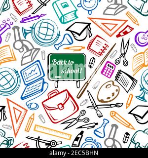 Back to school seamless pattern with pens, pencils, books, blackboards, laptops, calculators, globes, school bags, microscopes, lab flasks, rulers sci Stock Vector