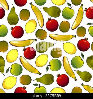 Fruits seamless pattern isolated on white with mature banana and nice looking pear, juicy apple  and ripe lemon, raw garnet or pomegranate. Ingredient Stock Vector