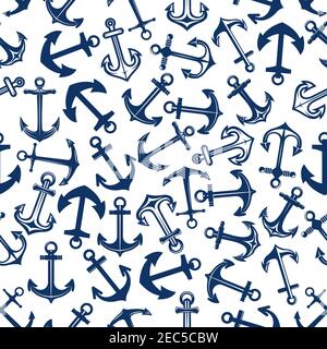 Dark or deep blue marine ship admiralty anchors seamless pattern.  Can be used for marine or nautical, navy themes, interior or background design. Stock Vector