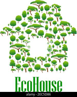 Eco house conceptual icon for ecology and environmental protection design with green trees and plants symbols arranged into silhouette of the house Stock Vector