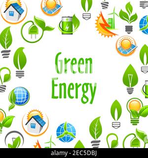 Green Energy eco environment poster. Natural energy sources elements. Vector icons leaf, sun, water, wind, solar panel, plug, house. Nature protection Stock Vector