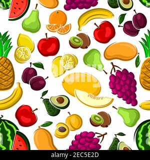 Sweet fruits pattern on white background with seamless apples, mangoes, oranges, peaches, plums, bananas, grapes, lemons, pineapples, watermelons kiwi Stock Vector