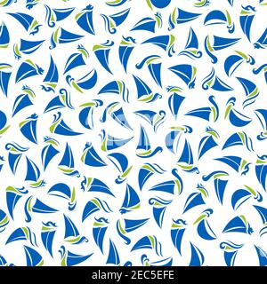 Sailing ships seamless background with pattern of blue and green sporting boats and yachts with sea waves. Marine travel, sailing sport or regatta the Stock Vector