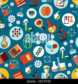Science and experiment equipment seamless pattern. Research and education gear consists beaker and burner or gas-jet, transformer and book, dropper an Stock Vector