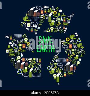 Save earth or ecology icons in shape of recycle international sign as chasing arrows. Renewable waste or garbage, ecological forest and sunflower, lig Stock Vector