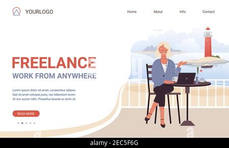 Freelance work from everywhere slogan motivation vector illustration. Cartoon website template with freelancer woman character working with laptop on terrace with seascape panorama and lighthouse Stock Vector