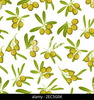Olives seamless pattern background. Green olive branch with leaves vector icons. Italian and Greek cuisine element. Graphic design for wallpaper, kitc Stock Vector
