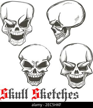 Smiling and winking skulls sketches of human skeleton heads with evil laughing grins. Use as tattoo or Halloween mascot design Stock Vector