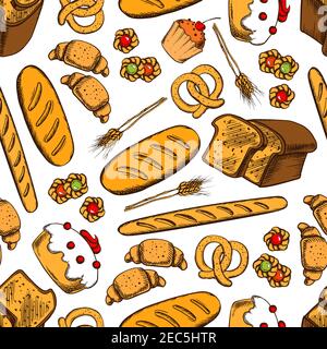 Bakery seamless background. Vector pattern of croissant, bread, baguette, cookie, cake, biscuit, bun, loaf, pretzel, bagel pie Bakery products wallpap Stock Vector