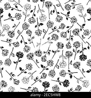Roses floral seamless background. Wallpaper with pattern of black and white roses icons. Heraldic flower buds with stems, leaves, thorns Stock Vector