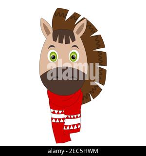 Colorful cute vector horse face in a winter scarf. One object on a white background. Cartoon flat illustration. Emoji funny pet animal. Embarrassed Stock Vector
