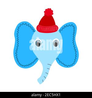 Colorful cute vector elephant face in a winter hat. One object on a white background. Cartoon flat illustration. Emoji funny animal. Embarrassed smile Stock Vector