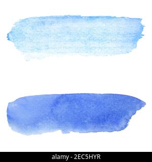 Blue watercolor background. Brush stroke on paper texture. Watercolour wash on white paper. Bright and pale paint stroke for backdrop. Real watercolor Stock Photo