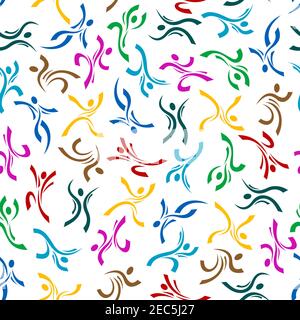 Artistic seamless pattern background of stylized people icons. Graphic symbols of human body in various sport and dancing motion Stock Vector