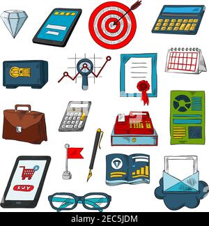 Retro colored sketches of business graph with magnifier, calculators, smartphone and tablet pc, email sign, financial reports, calendar, briefcase, pe Stock Vector