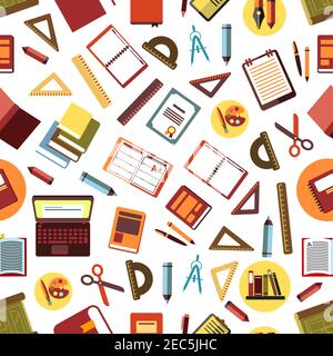 School and office supplies seamless pattern on white background with flat pens, pencils, rulers, books, laptops, diaries, clipboards, art palettes wit Stock Vector