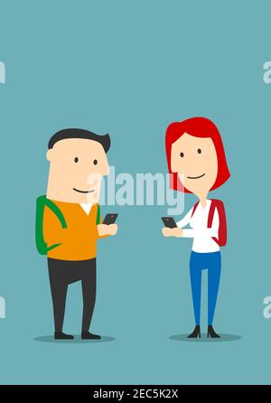 Friends engaged with smartphones. Urban young man and woman with mobile phones in Internet. Technology and communication concept Stock Vector