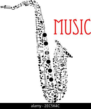 Musical notes forming silhouette of a saxophone with notes and chords of different duration, treble and bass clefs, rests, key signatures, forte and c Stock Vector