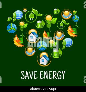 Green energy heart symbol with pattern of light bulbs with leaves, suns, solar panels and wind turbines, green plants with plugs, batteries and earth Stock Vector