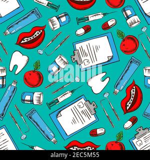 Seamless dentistry and dental care pattern of sketched teeth, pills, syringes, dental mirrors and probes, toothpastes, medical examination forms, smil Stock Vector