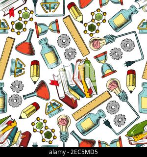 Colorful retro sketched seamless science and education pattern with pencils, pens, rulers, books, laboratory glass flasks, light bulbs with brain, gea Stock Vector