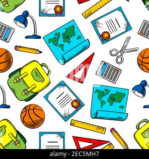 Seamless pattern of school backpacks, pencils, rulers and world maps, calculators, scissors, basketball balls, desk lamps and diplomas on white backgr Stock Vector