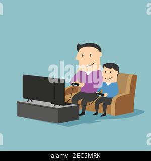 Playful father and son spending time together and playing video games on a game console in living room at home. Great for family time and entertainmen Stock Vector