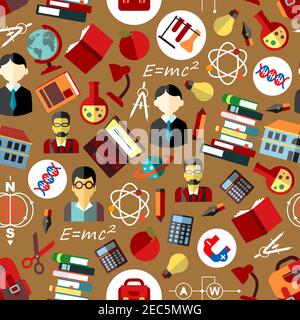 School teachers with students flat seamless pattern with books, pencils, pens, globes, calculators, laptops, school bags, formulas, atoms, DNA helices Stock Vector