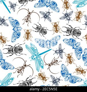 Seamless pattern of bugs and flying insects, adorned by ethnic tribal ornaments. Seamless background of moths, flies and dragonflies, stag beetles, st Stock Vector