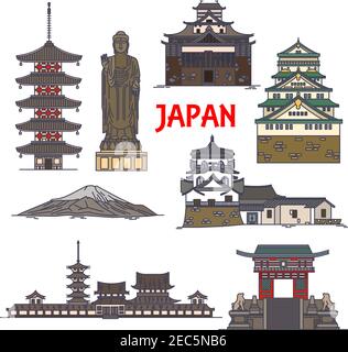Japanese travel landmarks linear icon with sacred mount Fuji, Great Buddha statue in Ushiku, Tokyo Imperial palace, pagoda of Horyuji temple, Osaka Ca Stock Vector